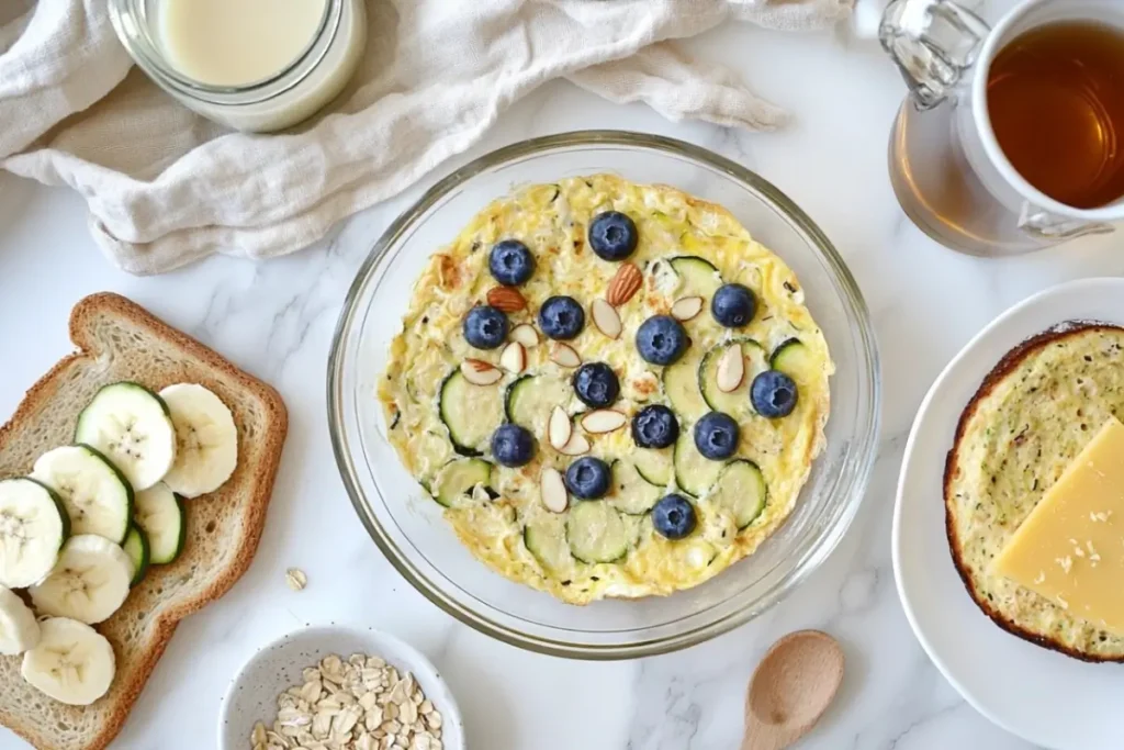 Low FODMAP zucchini and blueberry breakfast casserole in a glass dish, surrounded by bread with banana slices, oats, and a cup of tea.