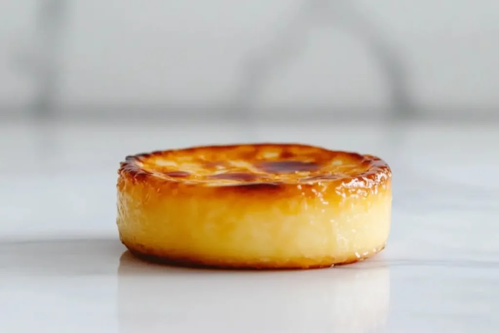 Golden caramelized crème brûlée made without ramekins, served on a white marble surface