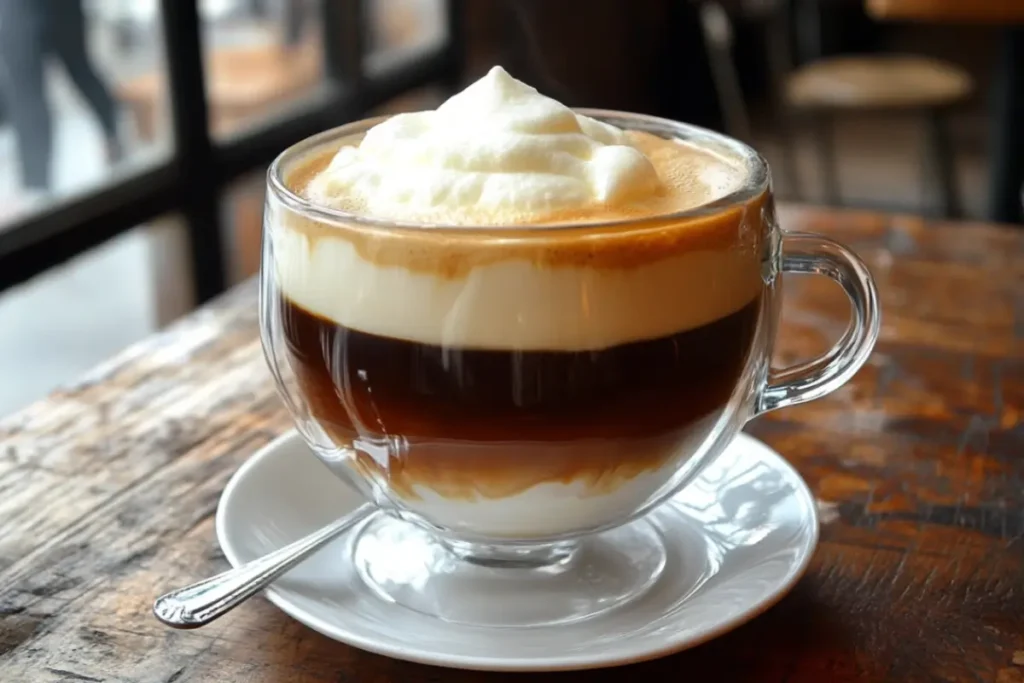 A deliciously creamy breve coffee served in a clear glass cup, layered with frothy milk and rich espresso, placed on a wooden table with a cozy cafรฉ ambiance.