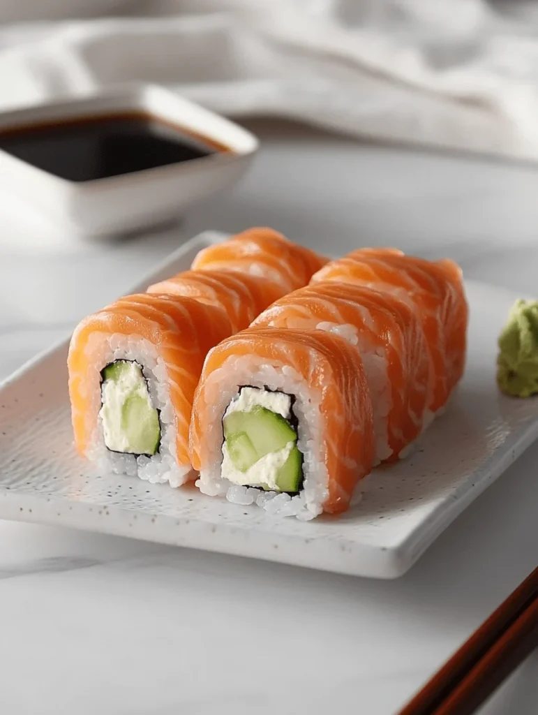 Philadelphia roll with smoked salmon, cream cheese, and cucumber on a white plate with soy sauce and wasabi