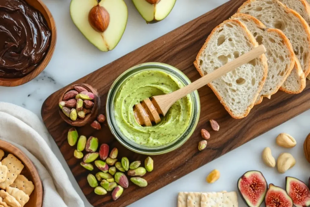 Jar of creamy pistachio butter with a honey dipper, surrounded by slices of bread, fresh pistachios, figs, and chocolate spread on a wooden board.