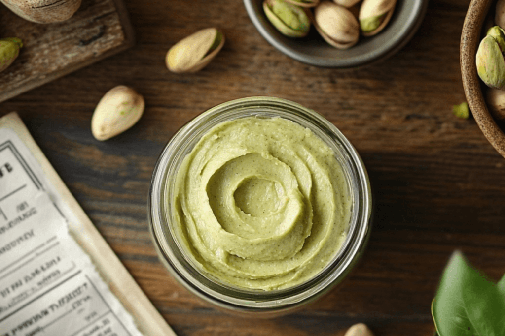 Close-up of creamy pistachio butter in a jar, surrounded by shelled pistachios on a rustic wooden table.