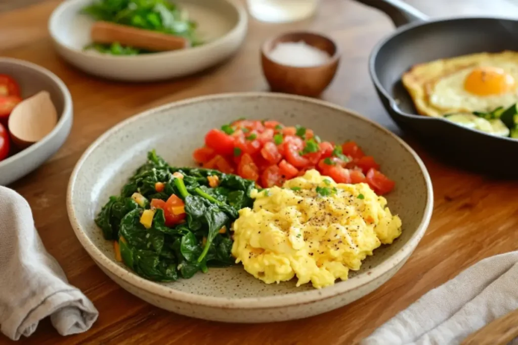 Low FODMAP breakfast plate featuring scrambled eggs, sautéed spinach, and diced fresh tomatoes, with additional greens and an egg fry in the background