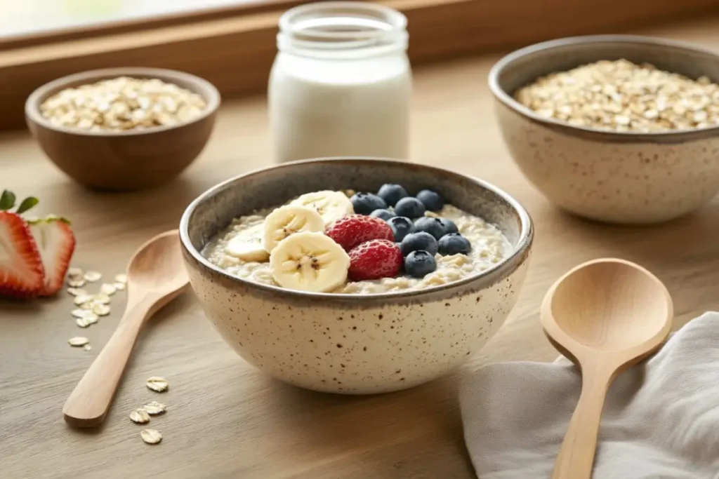 Low FODMAP breakfast bowl with oatmeal topped with banana slices, blueberries, and strawberries, surrounded by fresh oats and a jar of milk