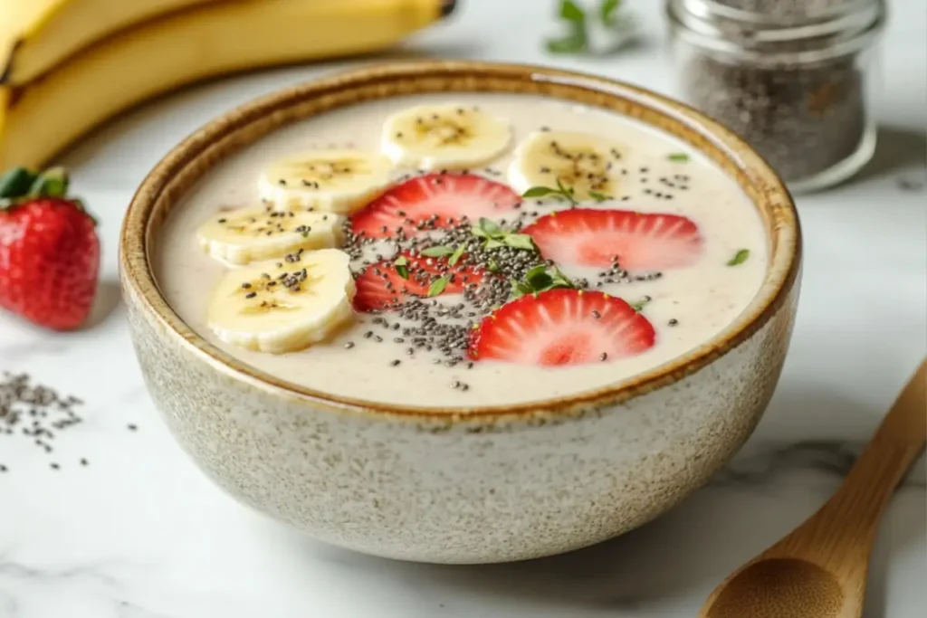 Low FODMAP smoothie bowl topped with banana slices, strawberries, chia seeds, and fresh mint leaves, surrounded by bananas and chia seeds on a white marble surface.