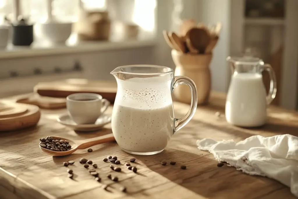 Pitcher of creamy steamed milk for Breve Coffee on a rustic wooden table with coffee beans and a cup