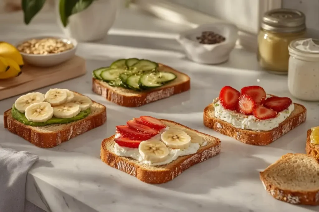 Low FODMAP toast toppings including banana on avocado, cucumber slices, banana with strawberries, and cream cheese with strawberries, served on a marble countertop