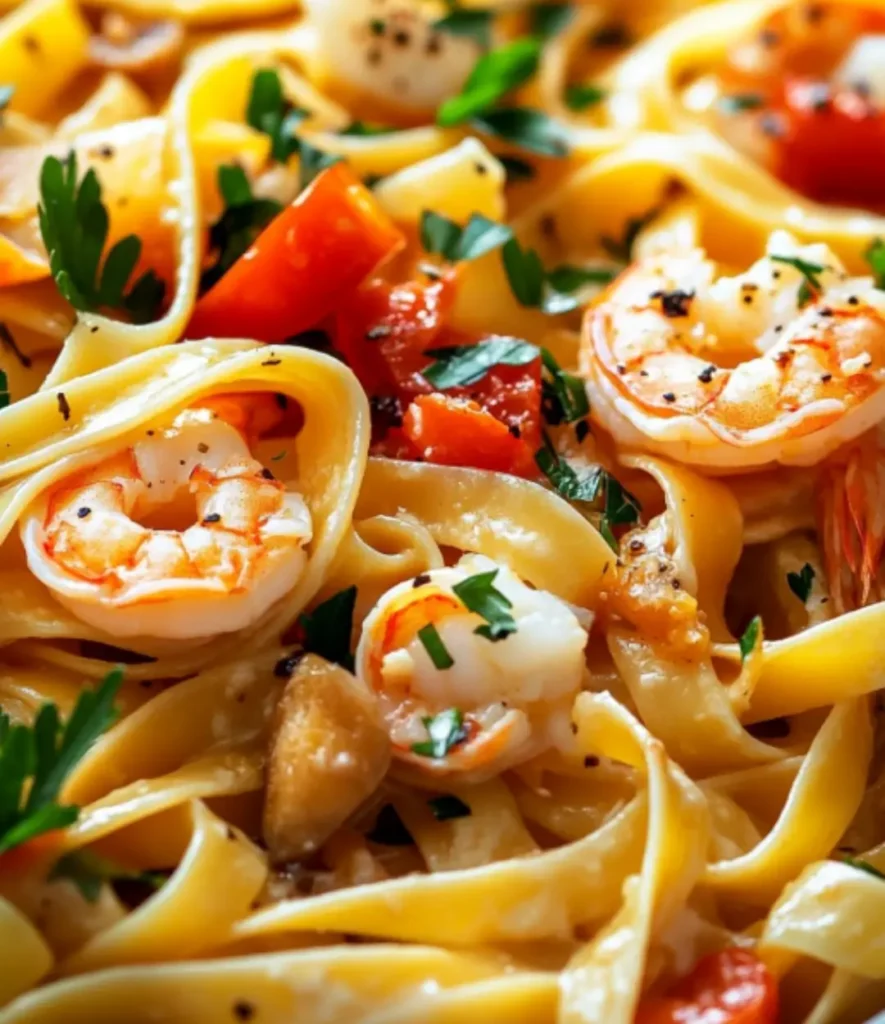 Fresh Tagliolini al Frutti di Mare pasta with shrimp, tomatoes, and parsley in a light garlic sauce.