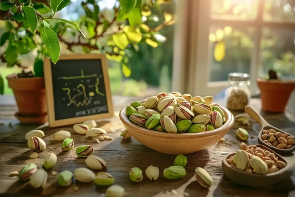 A bowl of fresh pistachios surrounded by scattered nuts, set on a rustic wooden table with greenery and sunlight streaming through the window.