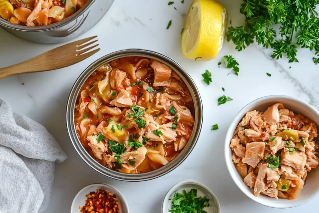 A bowl of hearty Tuna Helper pasta in a rich tomato-based sauce, garnished with parsley and accompanied by fresh lemon and chili flakes.