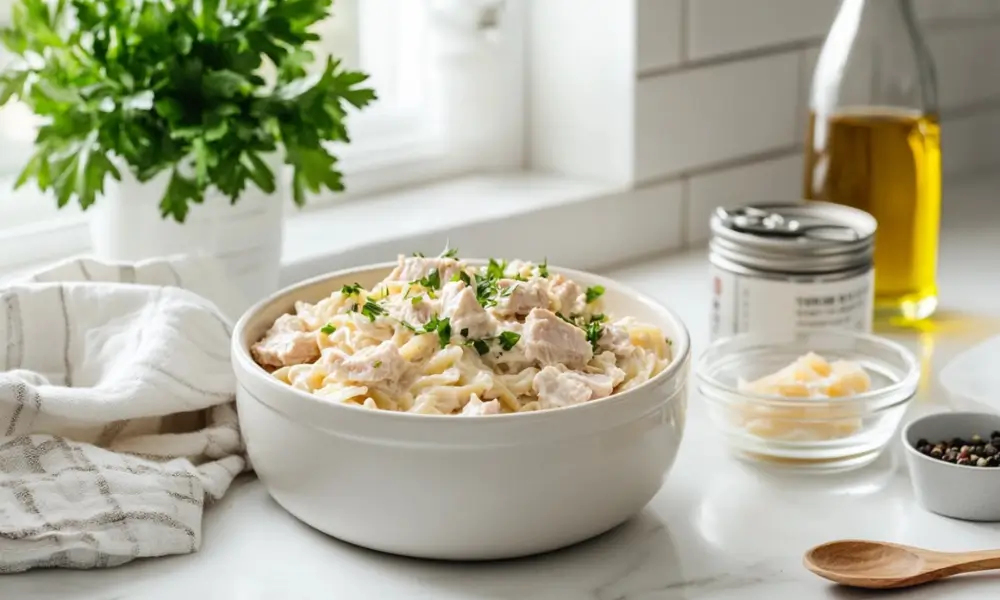 A bowl of creamy Tuna Helper pasta garnished with parsley, accompanied by ingredients like canned tuna, Parmesan cheese, and olive oil on a bright kitchen counter.
