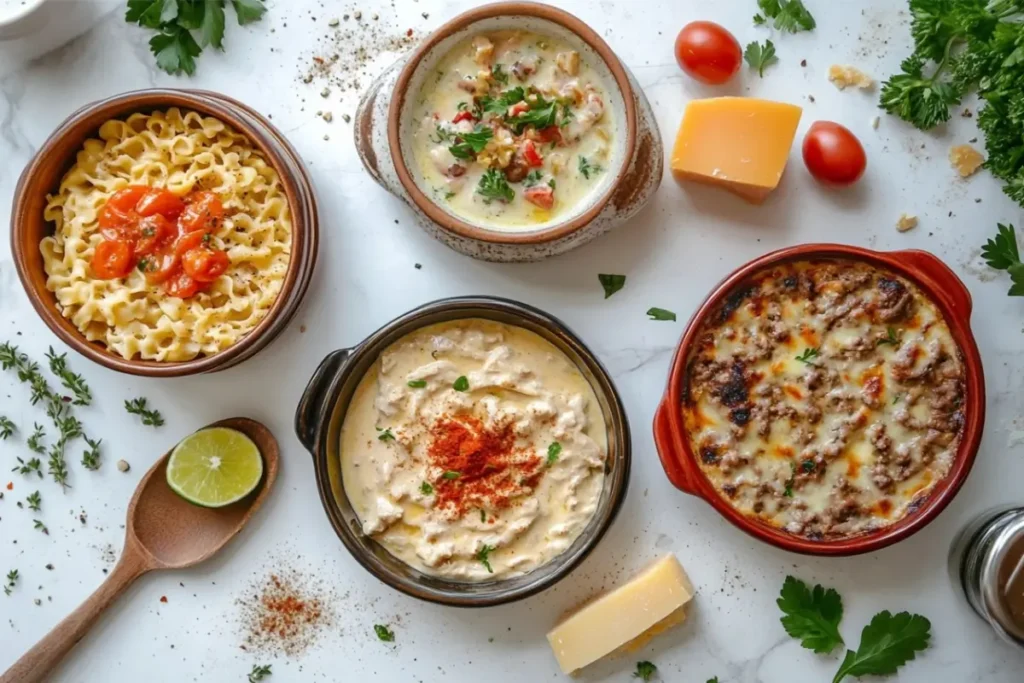 A selection of creamy and baked pasta dishes, including variations inspired by Tuna Helper recipes, showcasing how many cans of tuna can be used for rich and flavorful results.
