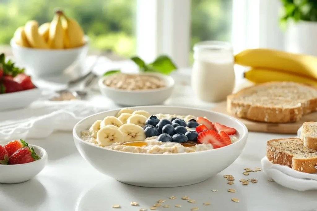 Low FODMAP breakfast bowl with oatmeal topped with banana slices, blueberries, and strawberries, surrounded by fresh fruits, oats, and bread on a bright countertop.