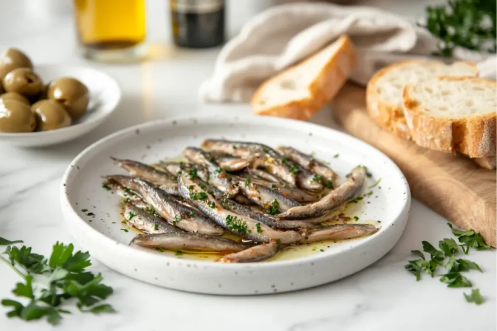 Plate of boquerones garnished with olive oil and parsley, served with crusty bread and green olives on a marble table