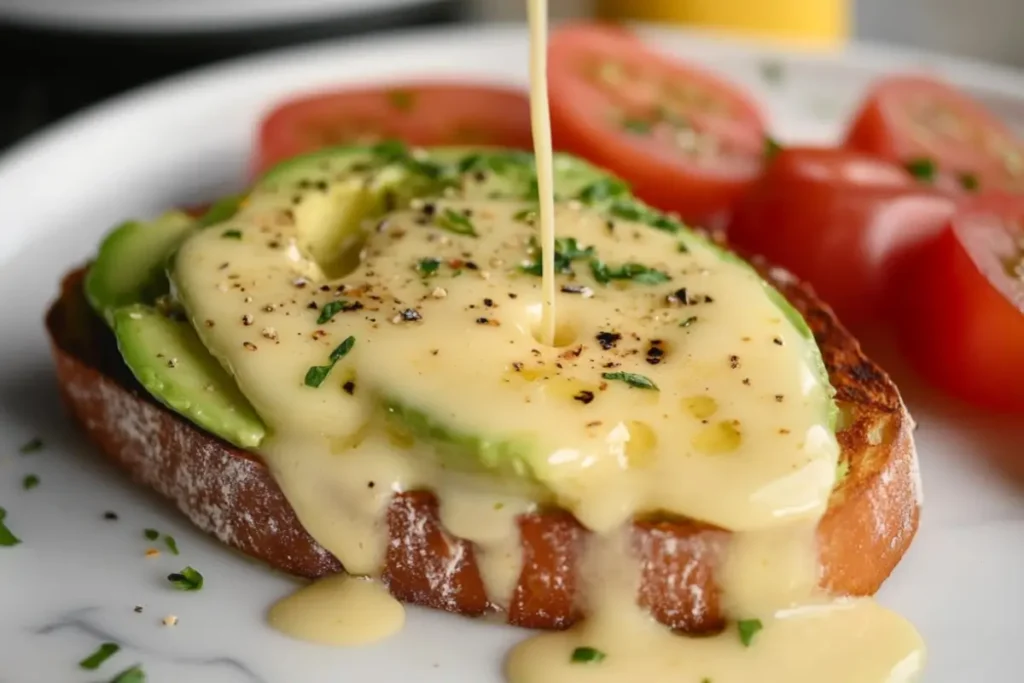Avocado toast drizzled with creamy lemon beurre blanc sauce, garnished with herbs and served with fresh tomato slices