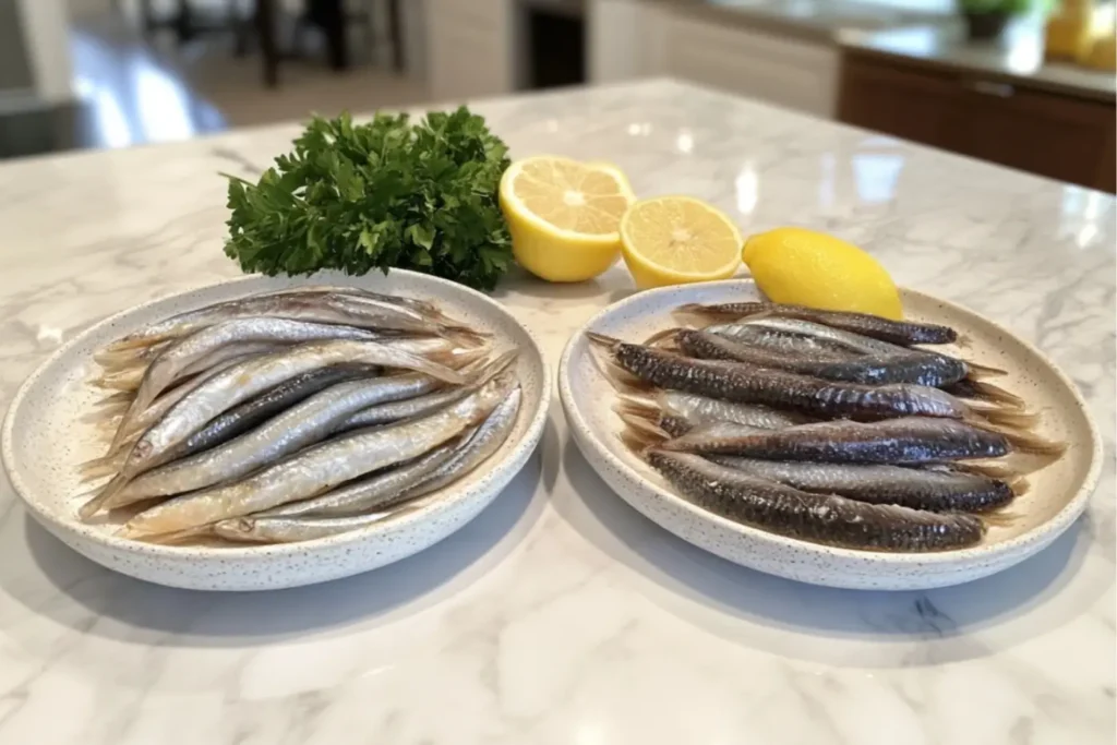 Two plates of fresh boquerones (anchovies) and similar small fish varieties, garnished with parsley and lemon, placed on a white marble countertop.