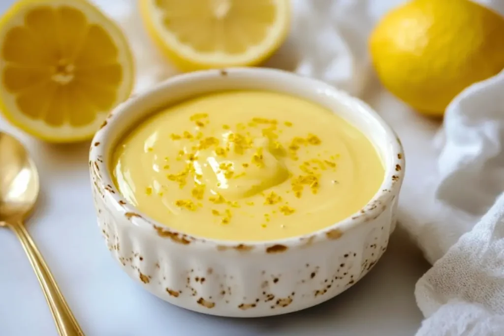 A creamy lemon beurre blanc sauce garnished with lemon zest, served in a rustic white bowl with fresh lemons in the background
