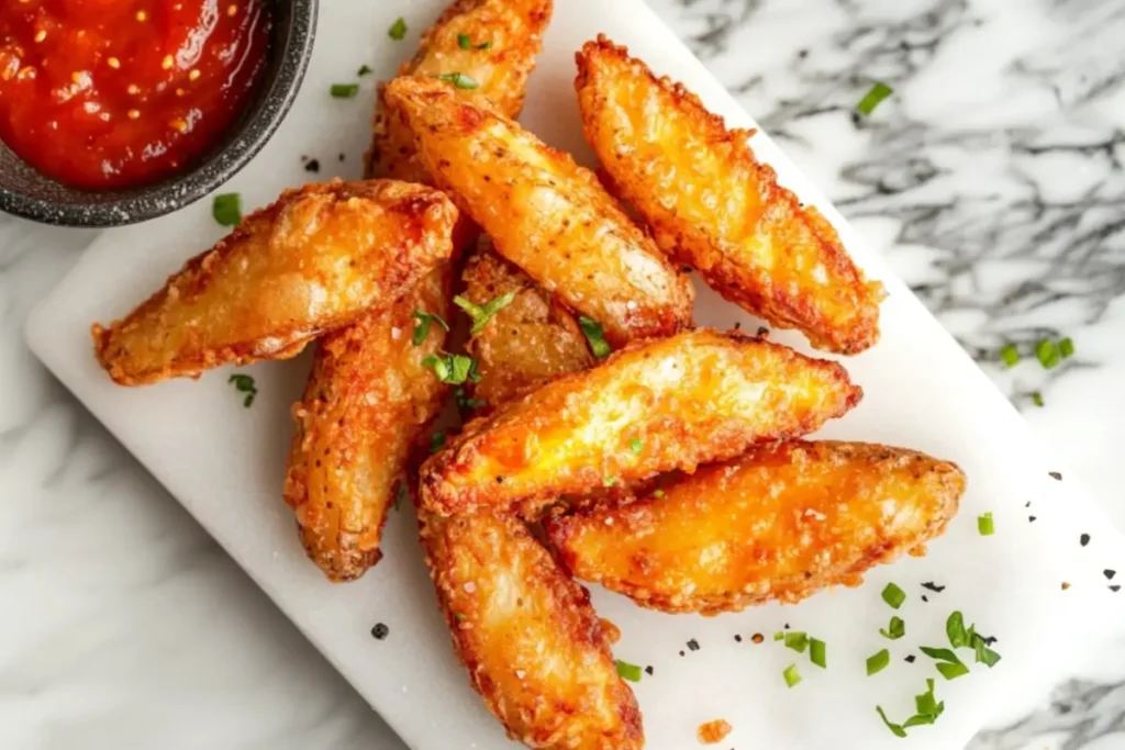 Golden crispy Yukon Gold potato wedges garnished with fresh herbs, served on a marble board with a side of tangy tomato dip