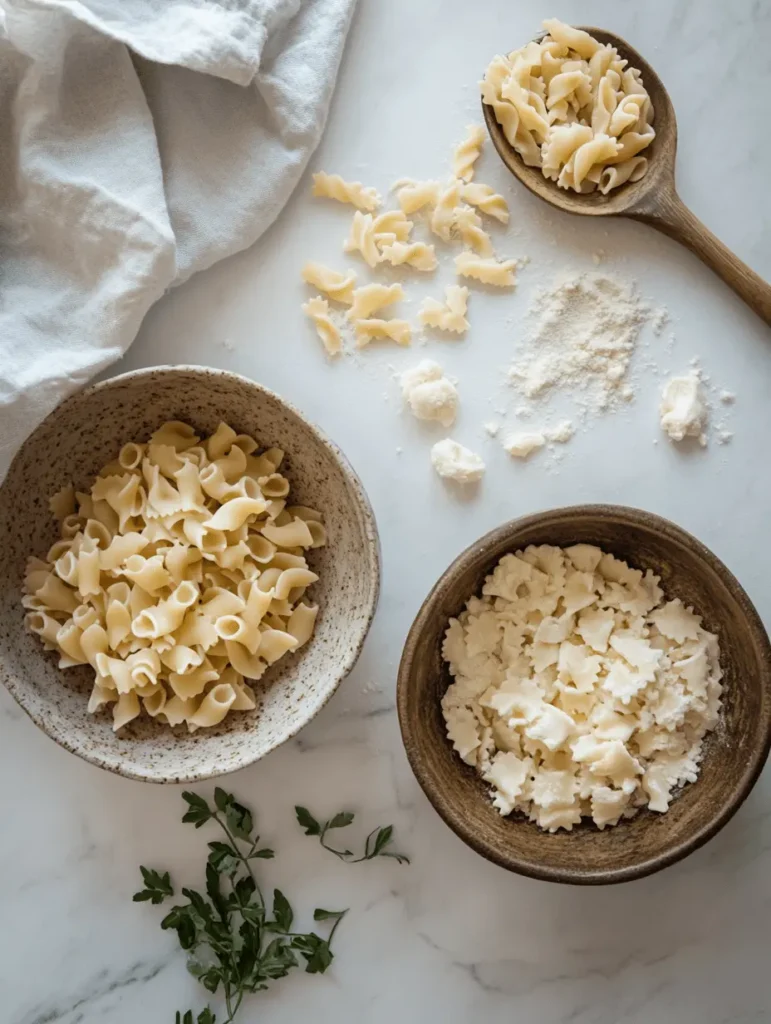 Different types of pasta in bowls and on a wooden spoon, including substitutes for ditalini pasta