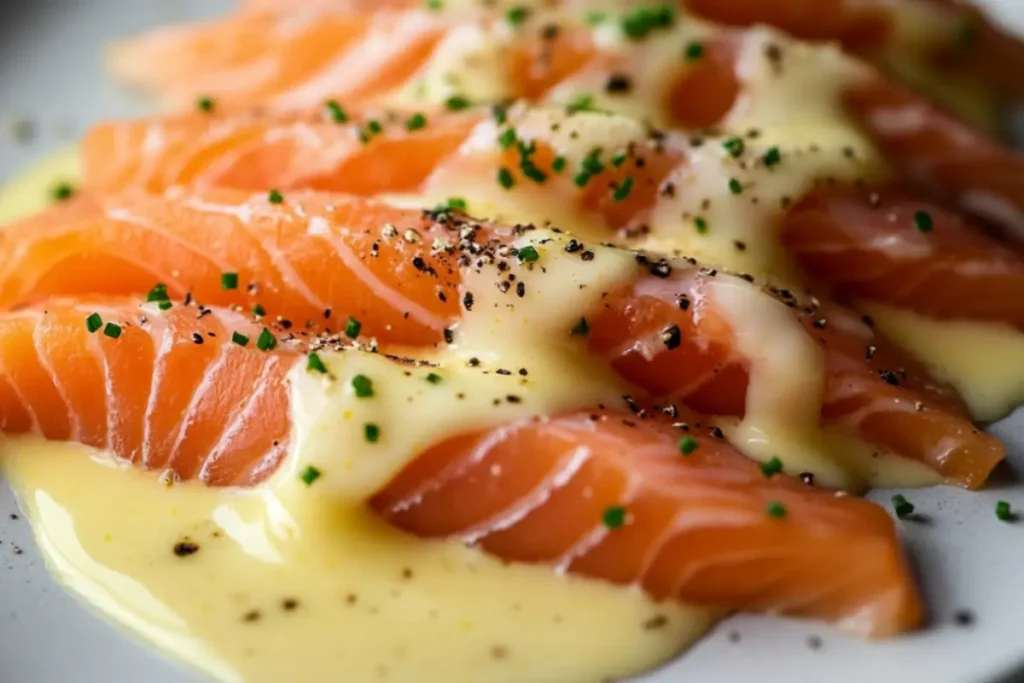 Slices of fresh salmon drizzled with lemon beurre blanc sauce and garnished with chives and freshly ground black pepper
