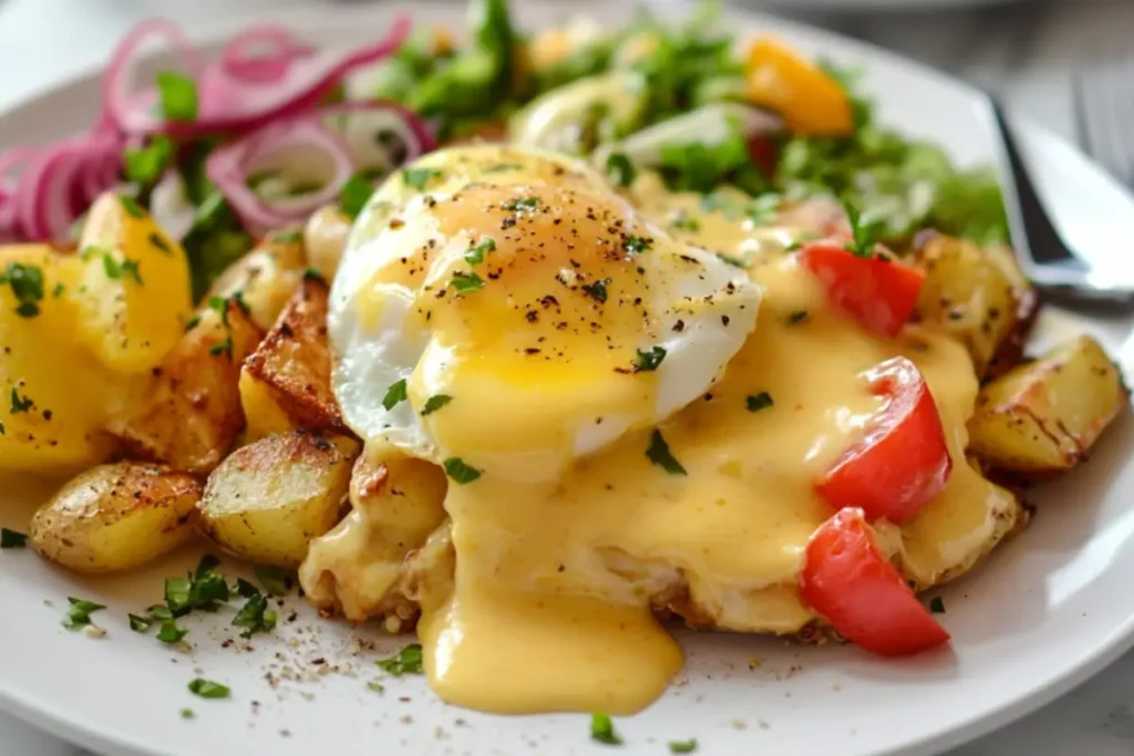 Breakfast plate with poached egg, roasted potatoes, fresh vegetables, and lemon beurre blanc sauce, garnished with herbs.