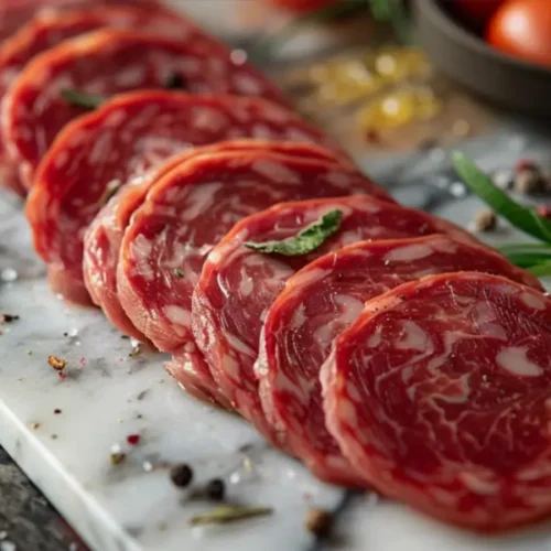Thinly sliced beef soppressata arranged on a white marble board, garnished with fresh rosemary and cracked peppercorns.
