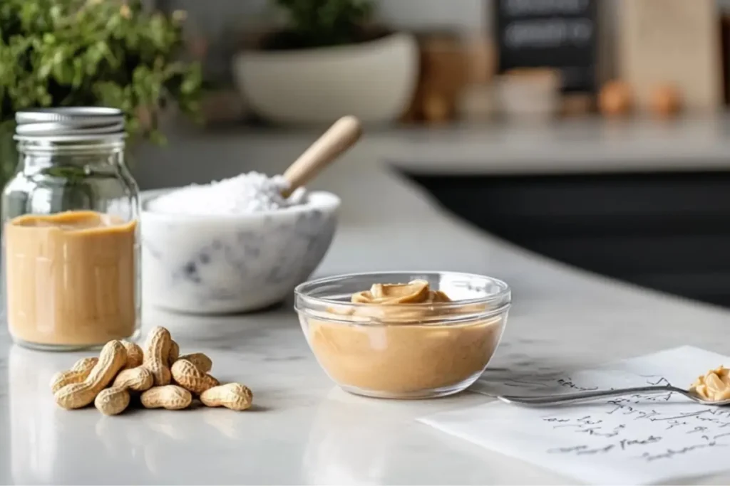 Low FODMAP peanut butter in a glass jar and a small bowl, surrounded by peanuts and a bowl of sea salt on a marble countertop