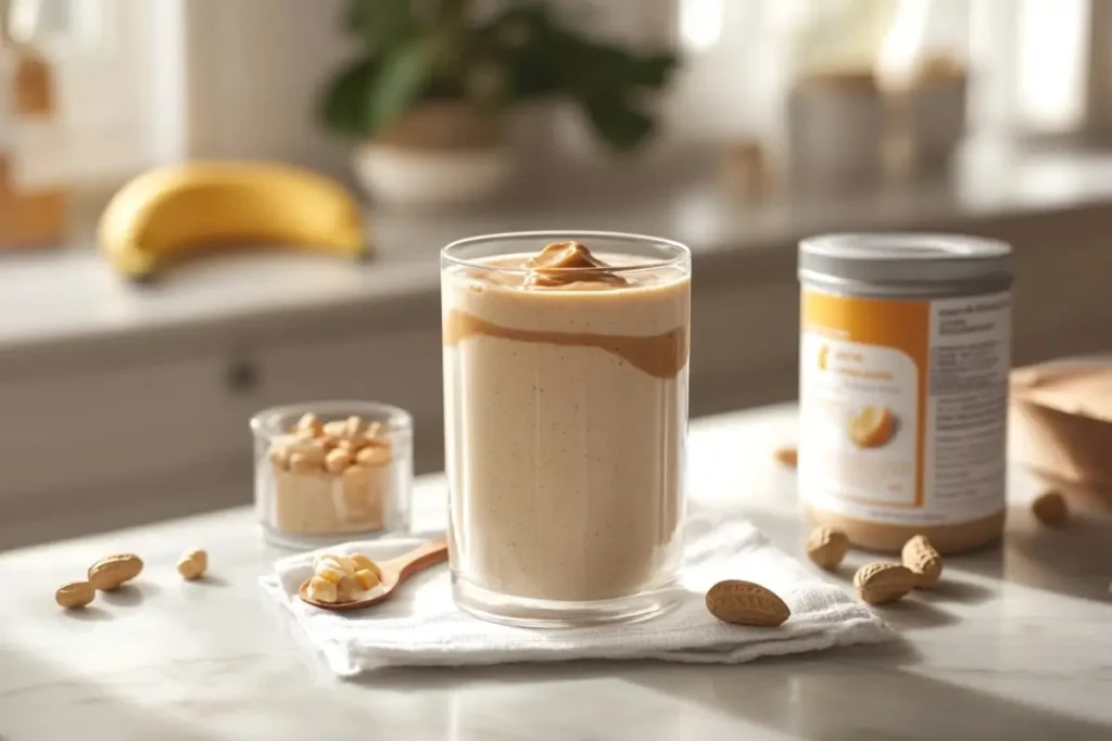Low FODMAP peanut butter smoothie in a glass, layered with creamy peanut butter, surrounded by peanuts, banana, and a protein powder container on a marble countertop.