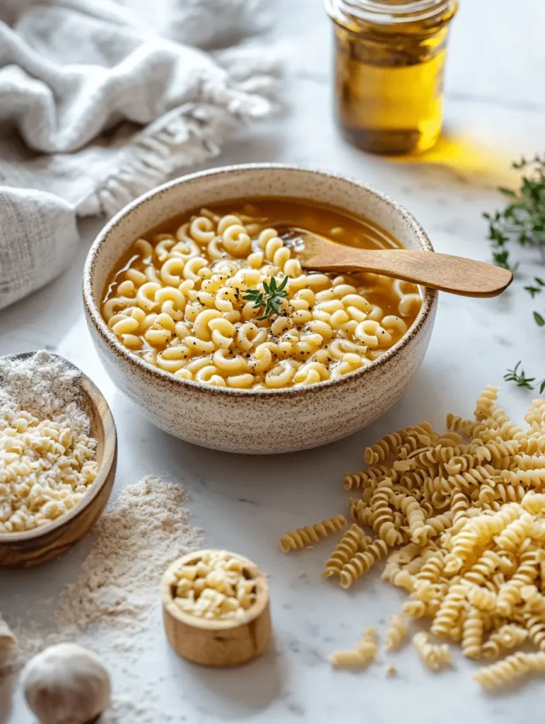 Bowl of soup with macaroni pasta, garnished with thyme, surrounded by pasta substitutes like rotini and flour