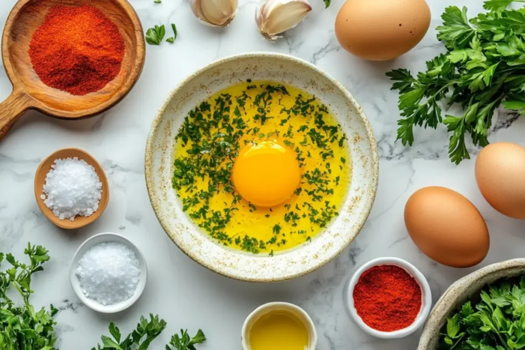 Fresh ingredients for Passover Potato Pie including eggs, parsley, garlic, and paprika on a white marble table