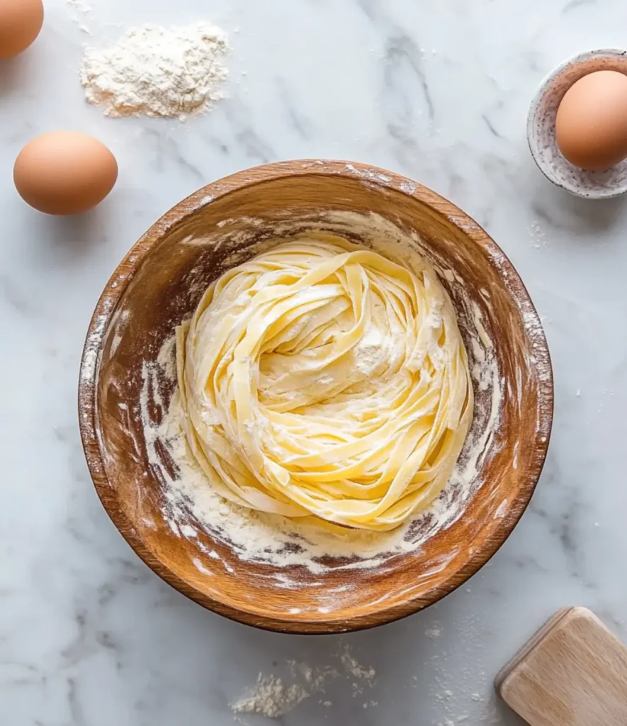 Freshly made tagliolini pasta dough in a wooden bowl, dusted with flour, surrounded by eggs and ingredients on a marble countertop.
