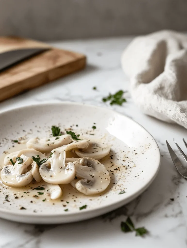 A simple ceramic dish with raw baby Bella mushrooms lightly seasoned with herbs, olive oil, and black pepper, sitting on a white marble countertop