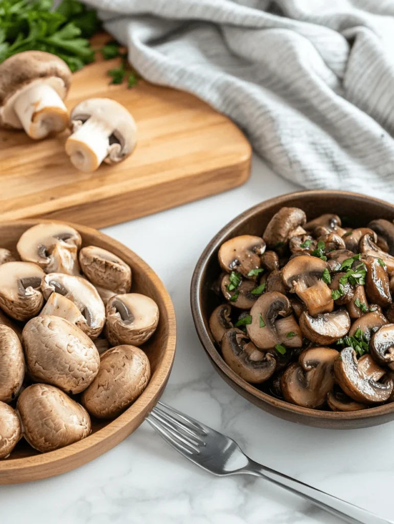 Side-by-side comparison of raw and cooked baby Bella mushrooms in wooden bowls, showcasing their texture and appearance with fresh parsley garnish