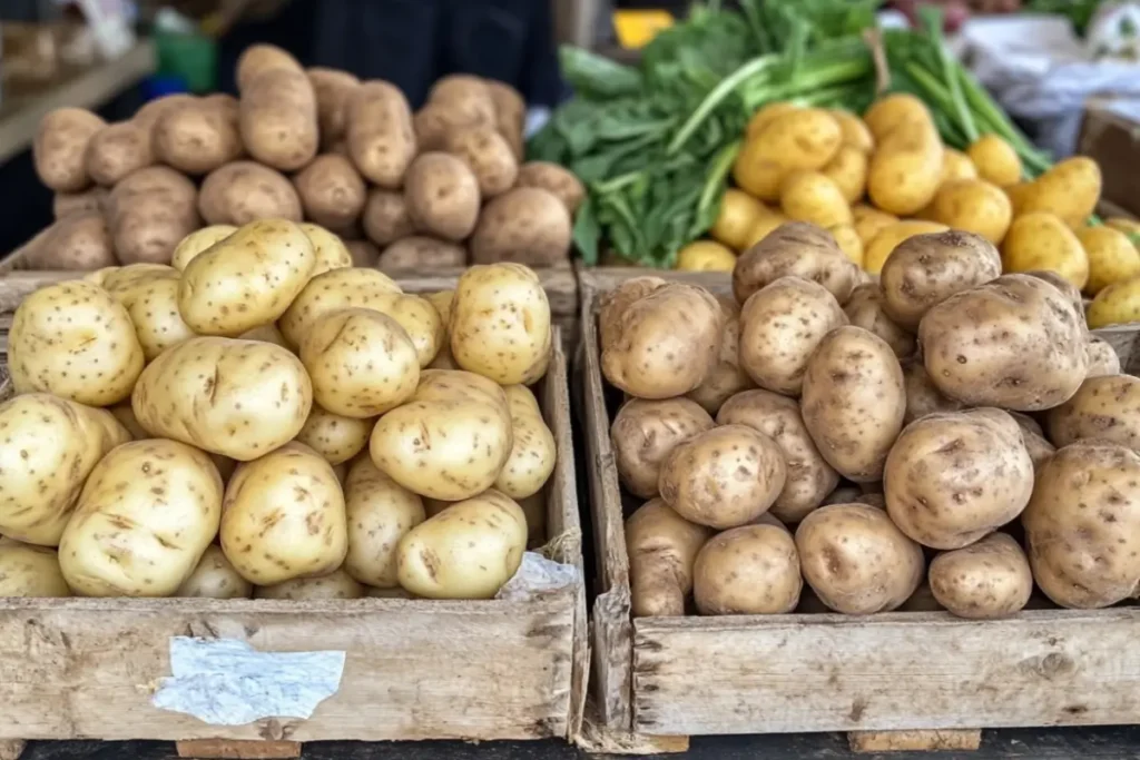 Crates of Russet potatoes and Yukon Gold potatoes at a farmers' market, with fresh greens in the background.