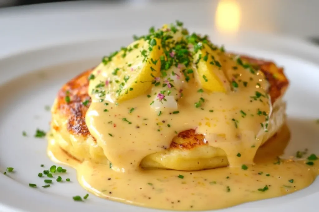 Savory pancake topped with lemon beurre blanc sauce, lemon wedges, and fresh herbs, served on a white plate