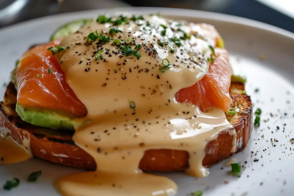 Smoked salmon and avocado toast topped with lemon beurre blanc sauce, garnished with chives and freshly cracked pepper