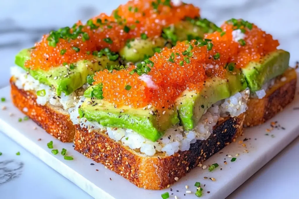 Tobiko avocado toast with sesame-crusted bread, sushi rice, and vibrant roe garnished with chives