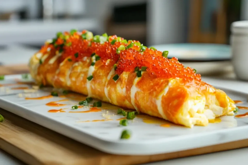 obiko omelet roll garnished with green onions and drizzled with sauce on a marble platter