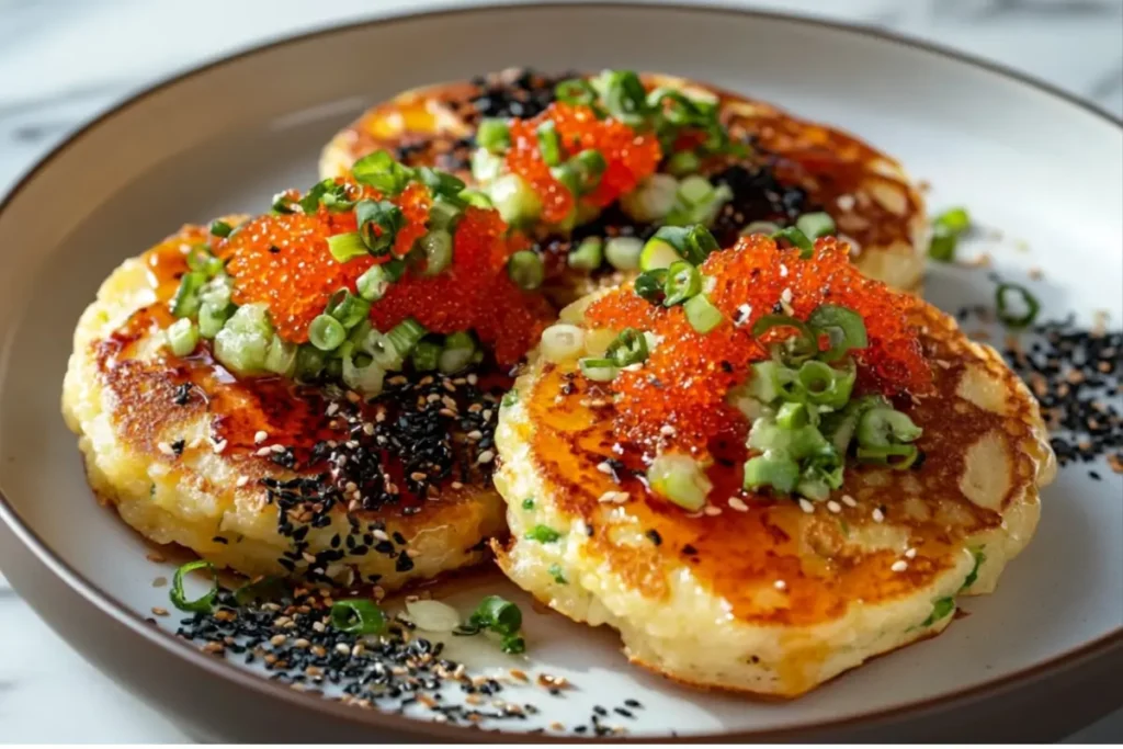 Savor these delicious potato pancakes garnished with Tobiko roe, fresh green onions, and a sprinkle of sesame seeds. A unique and flavorful breakfast option that brings a gourmet touch to your mornings. Discover more Tobiko recipes in our ultimate guide.