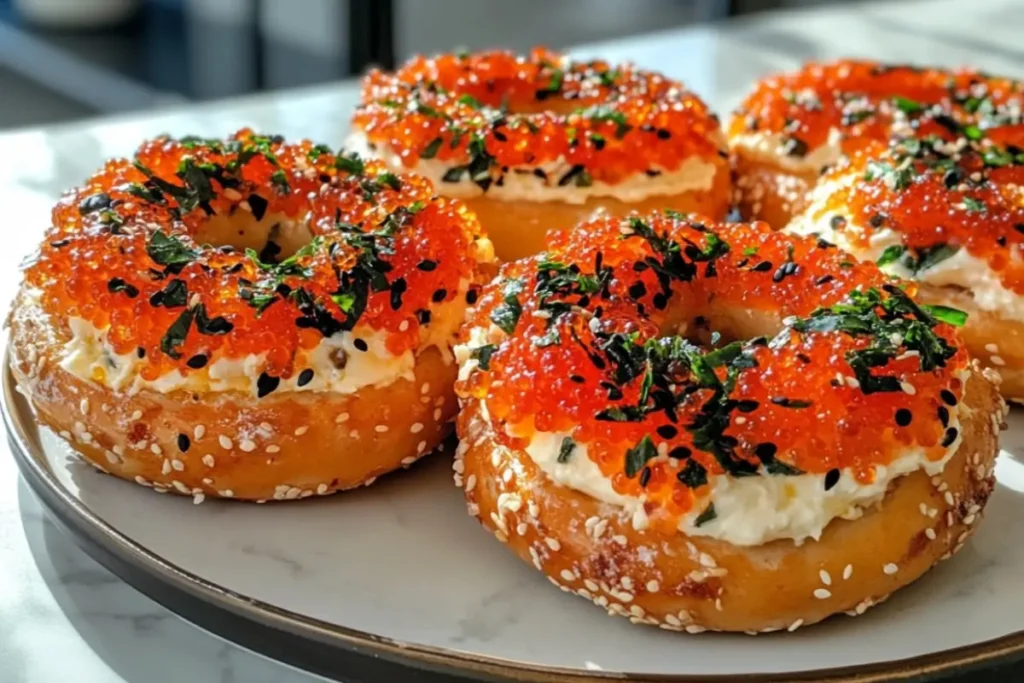 Sesame bagels topped with Tobiko roe, cream cheese, black sesame seeds, and fresh herbs on a plate