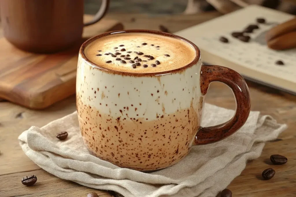 A rustic ceramic mug filled with a creamy breve coffee topped with microfoam and sprinkled with coffee beans, set on a wooden table for a cozy coffee moment.