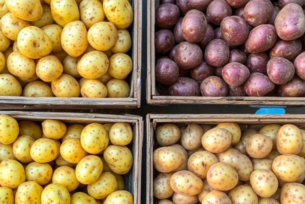 Four crates of yellow and purple potatoes at a farmers market, highlighting the difference between yellow potatoes and Yukon Gold potatoes