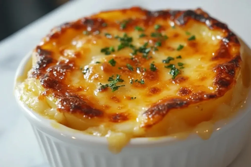 Golden brown Yukon Gold potato gratin served in a white ramekin, garnished with fresh parsley on a white background