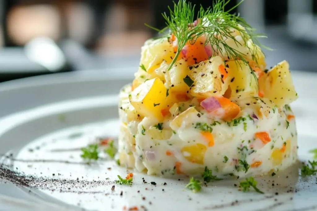 Yukon Gold potato salad elegantly plated with diced vegetables, fresh dill, and creamy dressing, garnished with herbs and ground pepper.