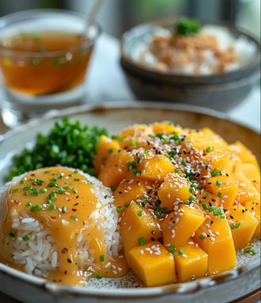 A plate of mango sticky rice, featuring sweet coconut-infused jasmine rice, fresh mango chunks, sesame seeds, and a golden coconut sauce drizzle, garnished with chives.