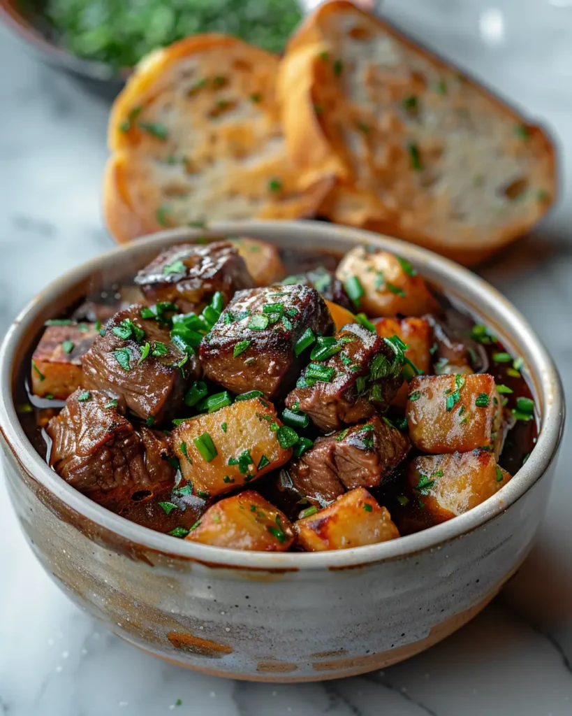 A bowl of traditional Guyanese beef stew with tender chunks of beef and potatoes, garnished with fresh herbs, served with toasted bread.