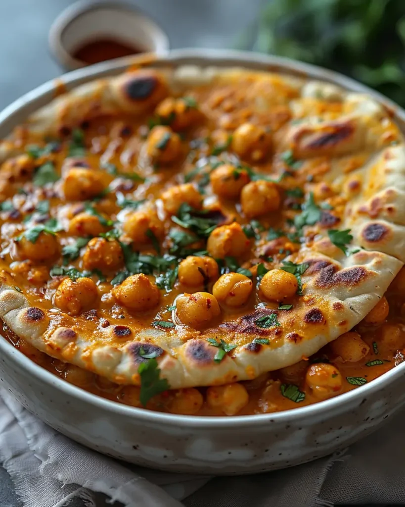 A bowl of flavorful Guyanese chickpea curry topped with fresh herbs, served with soft, charred roti.