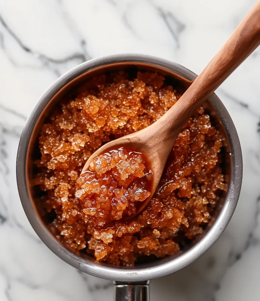 Golden-brown caramelized sugar in a saucepan, stirred with a wooden spoon, ready for making peanut brittle.