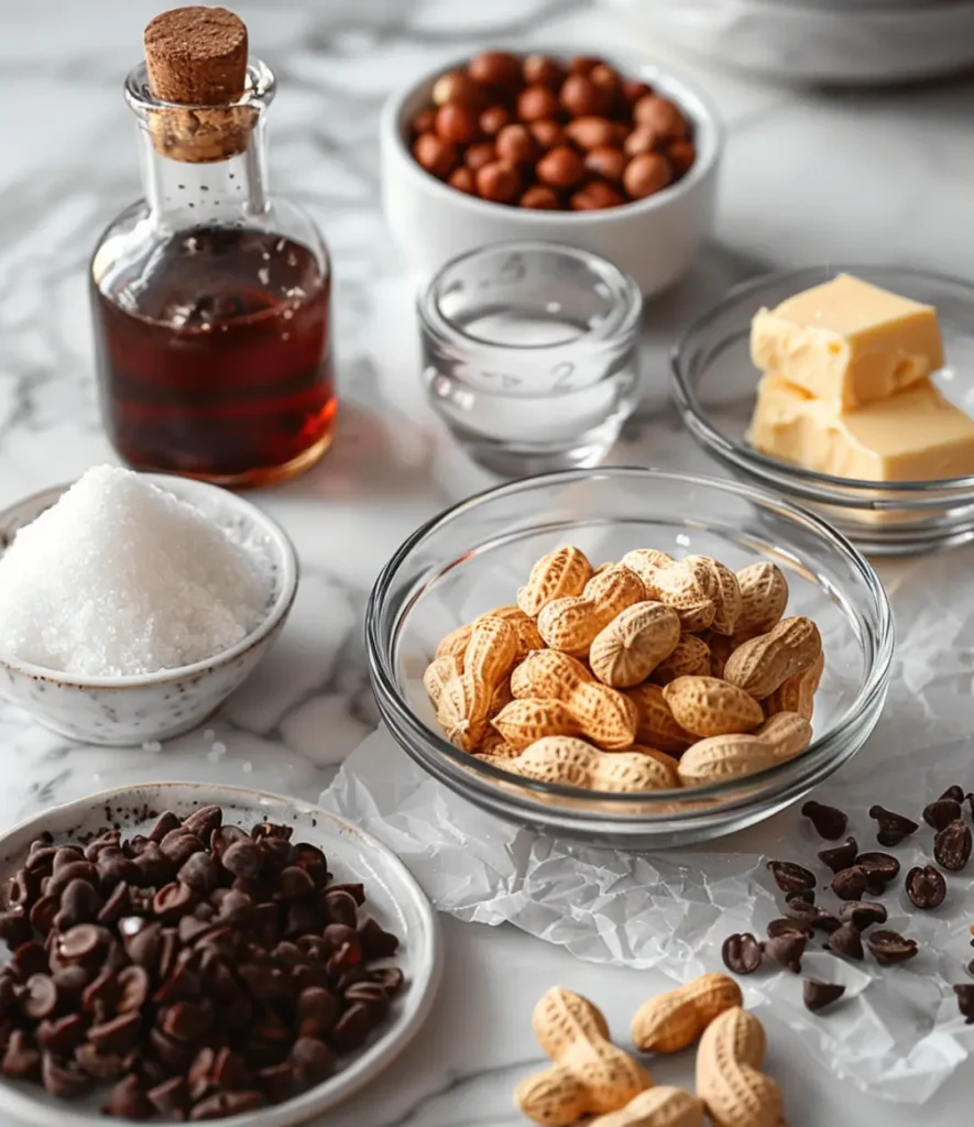 Ingredients for homemade peanut brittle, including raw peanuts, sugar, butter, chocolate chips, vanilla extract, and water, arranged on a marble countertop.