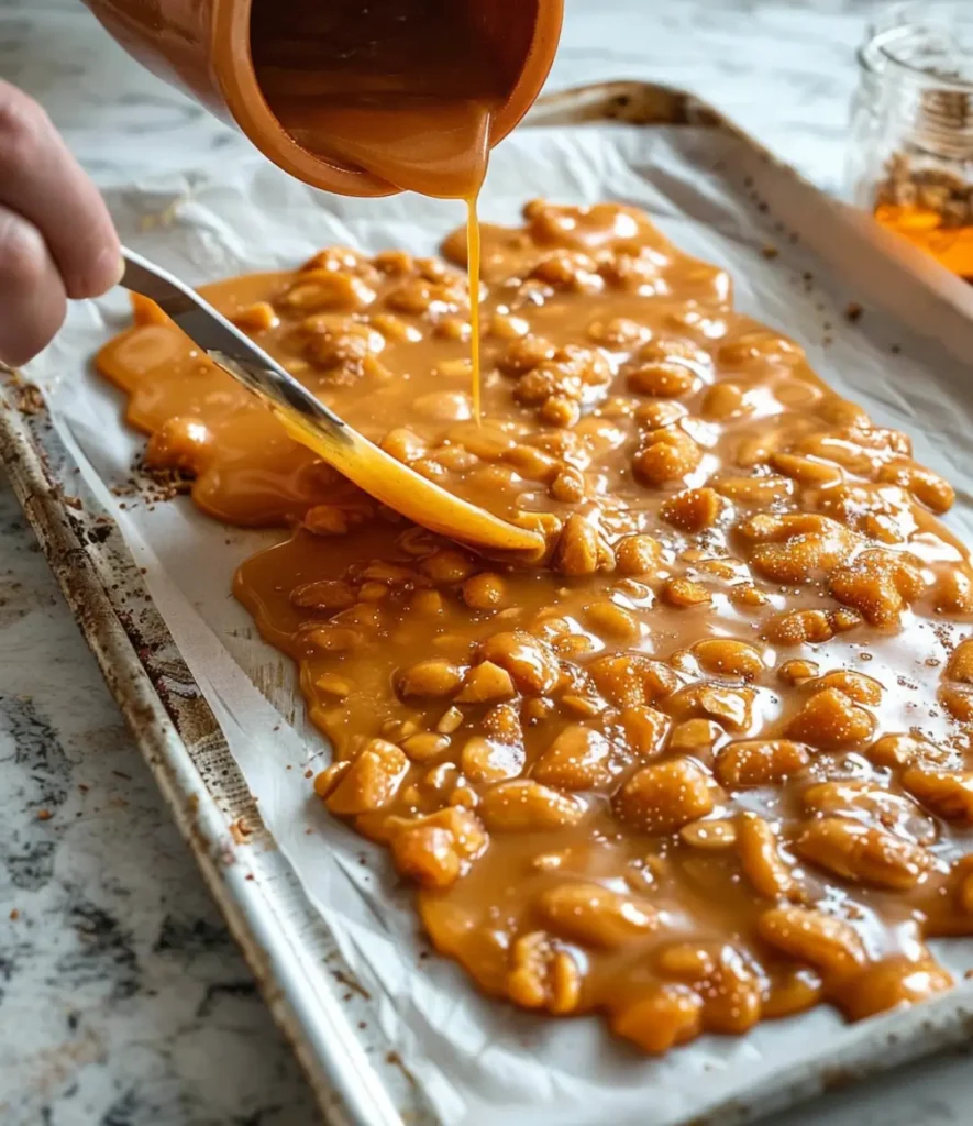 Freshly made hot peanut brittle mixture being poured and spread onto a parchment-lined baking sheet for cooling and hardening.